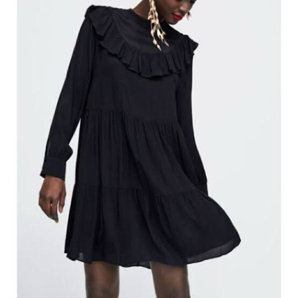 Zara Black Long-Sleeve Tiered Ruffle Dress XL petite